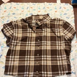 Brown plaid crop top the brand is Just Polly New York